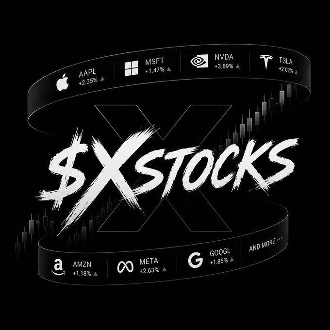 The image features a black background with white text that reads "S X STOCKS" at the top of the frame. Below this, there are several stock symbols such as AAPL, TSLA, NVDA, AMZN, META, and GOOGL. These symbols represent real stocks like Apple, Tesla, Nvidia, Amazon, Microsoft, and Google. The text also includes numbers that indicate the value of these stocks in US dollars. Below this, there are several stock icons such as a dollar sign, an apple, and a computer mouse. These icons symbolize the actual stocks being bought by the XSTOCKS platform.