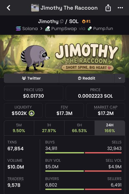A screenshot of the "Jimothy The Raccoon" ($Jimothy) memecoin dashboard on Solana shows a price of $0.01730 with a $17.2M market cap and 166% gain over 24 hours, supporting the post's claim that early dip buyers have seen roughly 3× returns as momentum builds.
