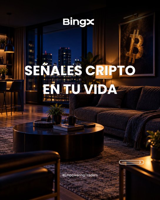 A BingX cryptocurrency ad showing a dark modern living room with a Bitcoin painting, featuring the text 'SEÑALES CRIPTO EN TU VIDA' and the hashtag '#EmpoweringTraders'.