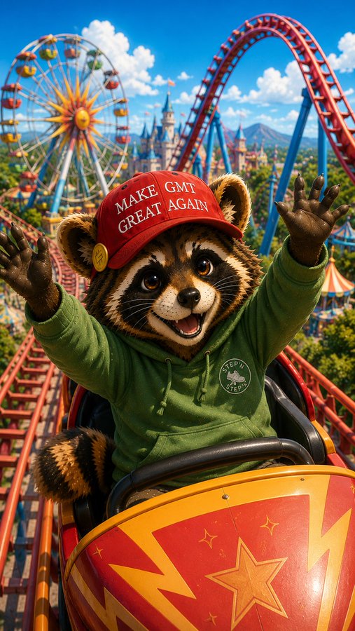 An illustrated red panda wearing a green hoodie and a red "MAKE GMT GREAT AGAIN" cap rides a colorful roller coaster with arms raised, set against an amusement park featuring a Ferris wheel and castle.