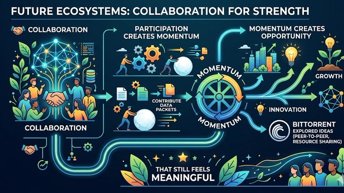 The image features a large poster or drawing depicting various illustrations related to collaboration, ecosystems, momentum, and growth. The main concept in this illustration appears to be focused around the idea of future ecosystem strength being fostered through increased collaboration among different stakeholders. Furthermore, there is a reference to the BitTorrent project as an example of how ideas could be shared more effectively, leading to stronger interconnected ecosystems. This poster serves as a visual representation of the notion that collaboration and momentum are key factors in creating opportunities for growth and success in various fields, including ecology and technology projects like BitTorrent.
