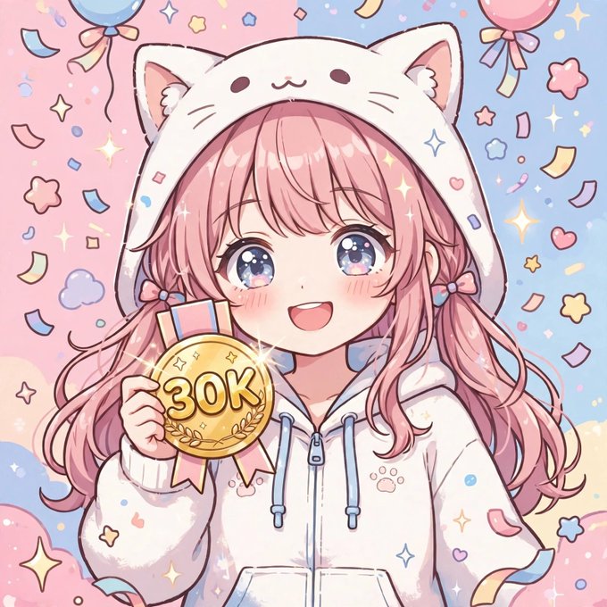 An anime-style illustration of a pink-haired girl wearing a white cat-ear hoodie, holding a gold medal that reads '30K', with a celebratory pink background filled with confetti and balloons.