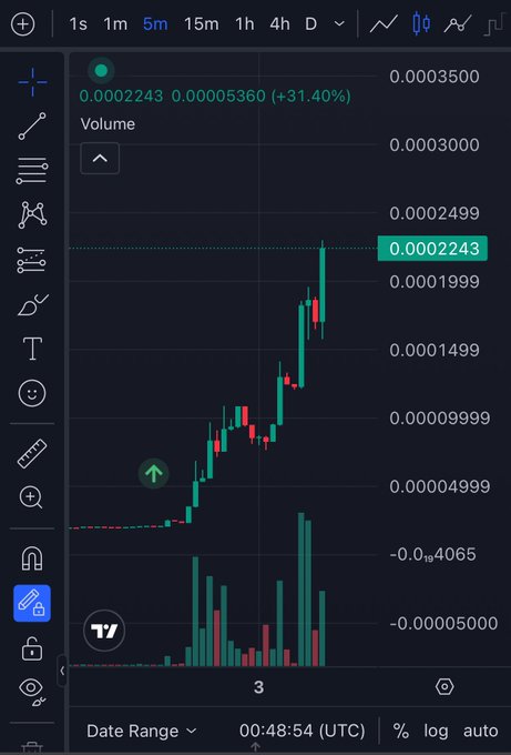 A TradingView candlestick chart shows a 5-minute timeframe with prices rising from ~0.00004999 to a high of 0.0002499, currently at 0.0002243 (+31.40%), accompanied by a green arrow marking the entry point and the caption "Volume" referencing the spike in trading activity—visually confirming the post's claim of a 10x overnight gain on a meme coin pick.