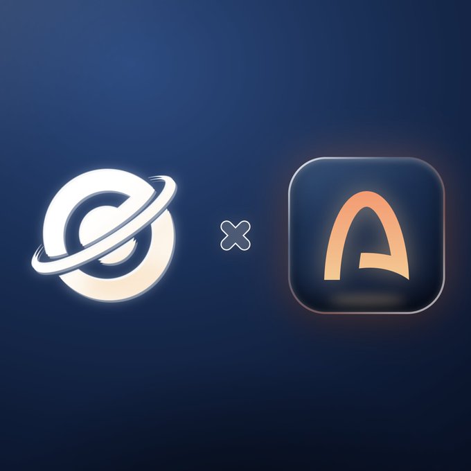 A digital graphic displaying two app icons side-by-side with an 'x' between them: a glowing white circular logo on the left and an orange 'A' logo on a dark square background on the right.