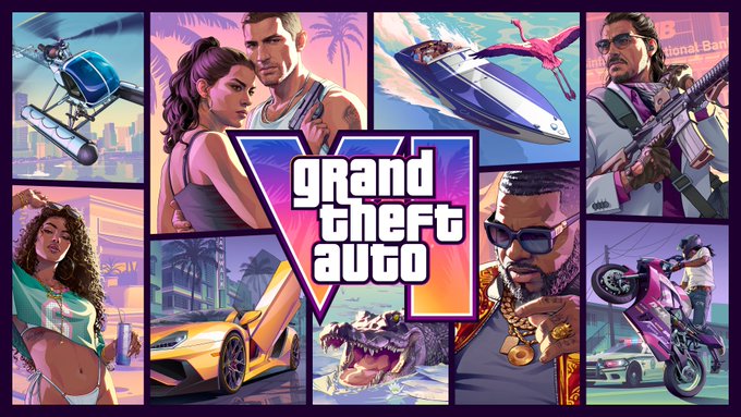 A promotional collage for the video game "Grand Theft Auto VI" (or similar GTA title) showcases various character portraits, vehicles like helicopters, jet skis, sports cars, and motorcycles, alongside the iconic GTA logo. The accompanying post discusses a hacker leaking GTA 6 gameplay footage and demanding payment in Monero cryptocurrency, tying the image to the game's title and content being leaked.