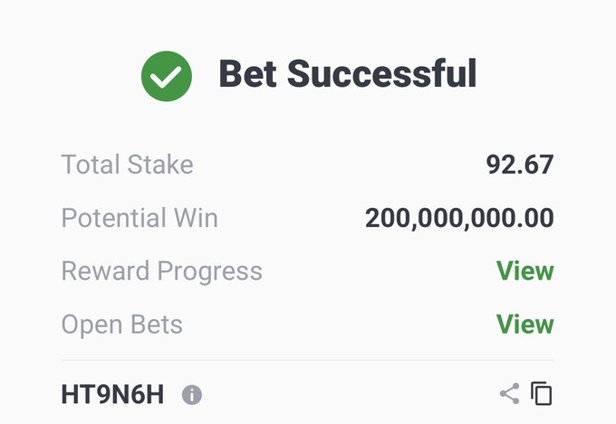 A screenshot of a "Bet Successful" confirmation showing a total stake of 92.67 with a potential win of 200,000,000.00, along with a transaction ID "HT9N6H." The image appears to showcase an unrealistically massive potential payout on a small stake, likely shared as a humorous "proof" of a legendary or unbelievable betting slip.