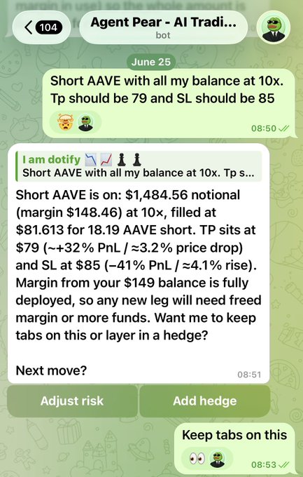 A Telegram chat with 'Agent Pear - AI Trading bot' showing a user requesting to short AAVE at 10x leverage with TP $79 and SL $85, and the bot confirming the order execution.