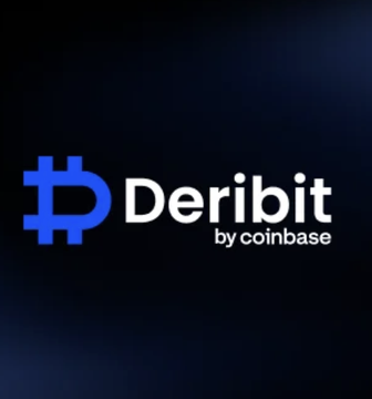 Logo for 'Deribit by coinbase' featuring a blue Bitcoin-style 'Ð' symbol on a dark background.