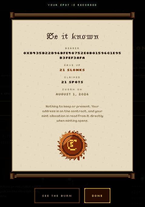 A digital certificate scroll reading 'Be it known' awarding '21 SLONKS' to a wallet address, claimed as '21 SPOTS', sworn on August 1, 2026, with a pixelated coin emblem.