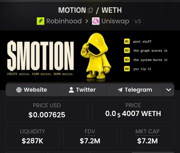 A cryptocurrency tracker page for 'SMOTION' token paired with WETH on Uniswap V3, showing a price of $0.007625, $287K liquidity, and a $7.2M FDV, alongside a yellow cartoon mascot.
