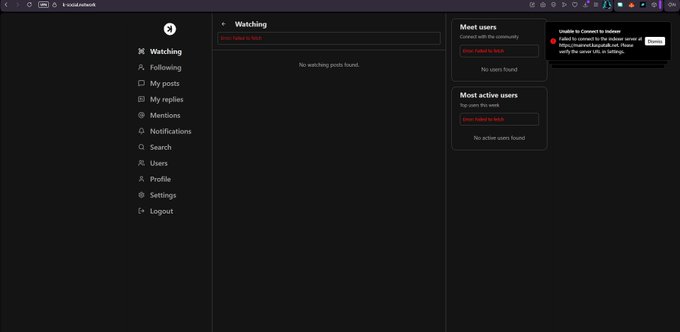 A dark-themed social network dashboard called vocalnetwork showing a 'Watching' feed with no posts, sidebar navigation including Following, My posts, Mentions, Notifications, Search, Users, Profile, Settings, and Logout, and a notification that the browser is 'Unable to Connect to Israblu.'