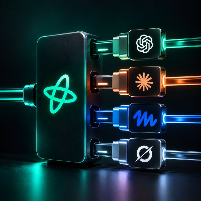 A futuristic black hub device with a glowing teal atom symbol connects via neon-lit cables to four smaller modules displaying the logos of ChatGPT (white interwoven knot), Claude (orange asterisk/sunburst), Muse (blue wave "M"), and Grok (white slashed circle), visually representing Nansen's integration of onchain intelligence into multiple AI platforms.