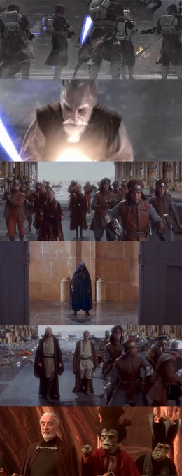 A collage of six scenes from a Star Wars film featuring clone troopers with blue lightsabers, General Grievous, Anakin Skywalker, Obi-Wan Kenobi, Count Dooku, Chancellor Palpatine, and Yoda.
