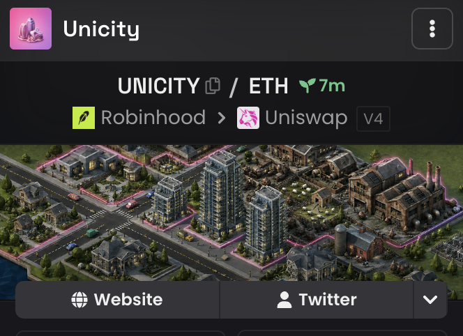 A digital trading interface displays the token "UNICITY" paired with ETH, showing a Robinhood and Uniswap v4 routing with a cityscape graphic.