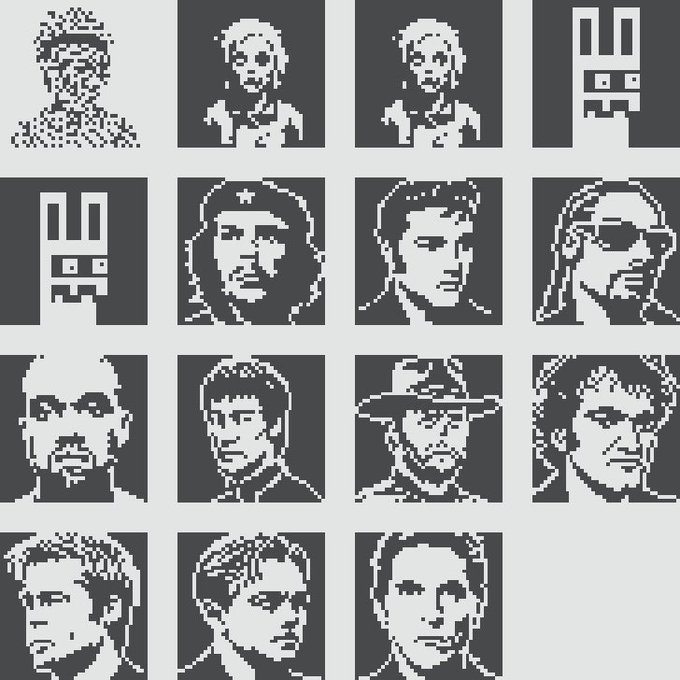 A 4x4 grid of black-and-white pixel art portraits featuring various stylized faces, including figures with hats, sunglasses, and different hairstyles.