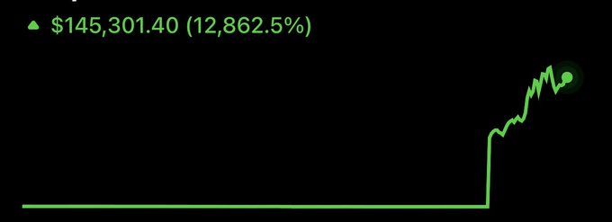 A green portfolio chart shows a dramatic surge to **$145,301.40 (12,862.5%)**, reflecting the post’s celebration of finally profiting from **memecoins**.