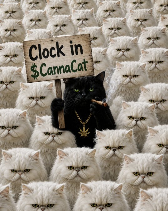 An illustration of a black cat holding a 'Clock in $CannaCat' sign and smoking a cigar, wearing a gold leaf chain, surrounded by a crowd of white Persian cats.