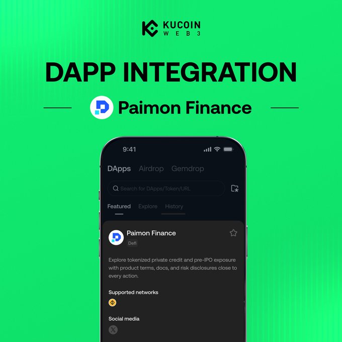 The image shows a promotional graphic for KuCoin Web3 Wallet featuring the integration of Paimon Finance DApp, displaying a mobile app interface with the Paimon Finance listing under "Featured" DApps. The caption highlights Paimon Finance's new availability on KuCoin Web3 Wallet, where users can access tokenized private credit offerings like $xKLSH and $pKLSH for Kalshi SPV exposure.