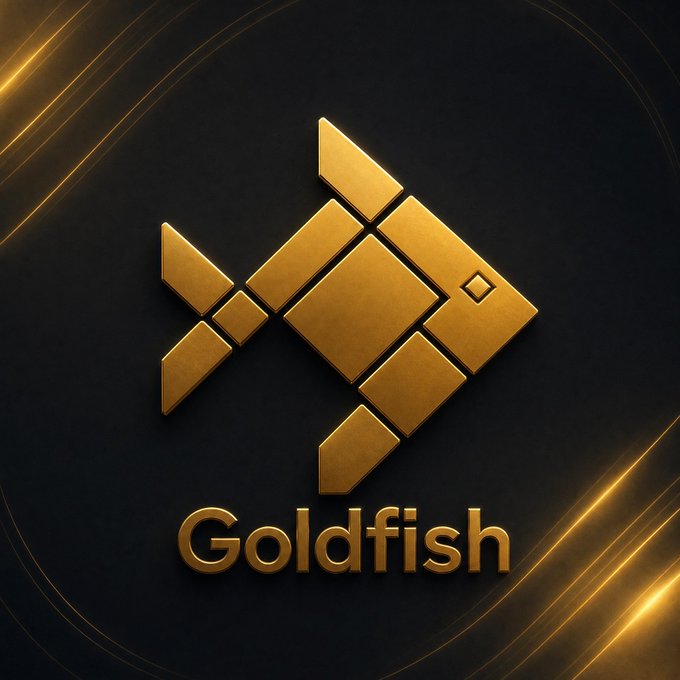 The image features a goldfish logo, which is a 3D design of a fish made up of small squares or diamonds. The background of the image is black with yellow lines running across it, creating a striking contrast that makes the goldfish stand out. The text "Goldfish" and "GOLDFISH" are prominently displayed in white letters above the logo.