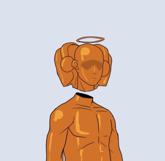 A digital illustration of a bronze/orange-colored humanoid figure with a stylized head featuring multiple rounded lobes, set against a light blue background.