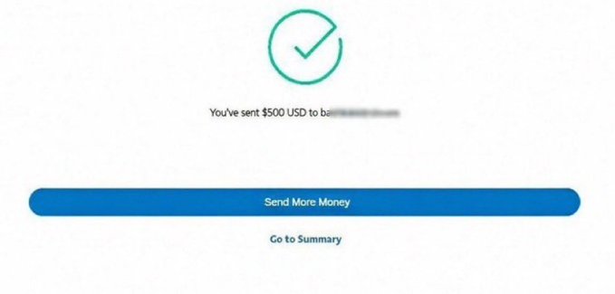 A digital confirmation screen displays a green checkmark above the text "You've sent $500 USD to" followed by a blurred recipient, with buttons to "Send More Money" and "Go to Summary".
