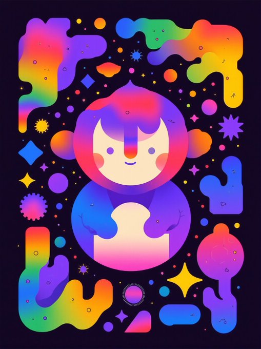 A vibrant, colorful digital illustration features a cute purple character with rainbow-colored hair surrounded by abstract shapes, stars, and floral elements in a psychedelic style.