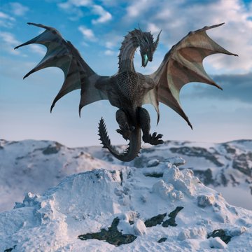 A large, detailed dragon sculpture with spread wings sits perched on a snow-covered rocky outcrop against a backdrop of snowy mountains and a blue, cloudy sky.
