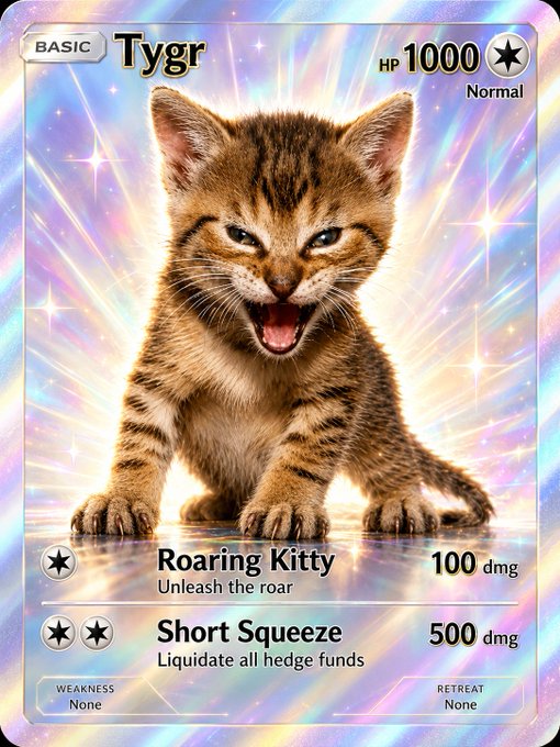 A holographic-style Pokémon card titled "Tygr," featuring a roaring tabby kitten with 1000 HP and attacks "Roaring Kitty" (100 dmg) and "Short Squeeze" (500 dmg), fittingly ties into the "gotta catch em all" theme by personifying the famous "Roaring Kitty" meme as a rare collectible card.