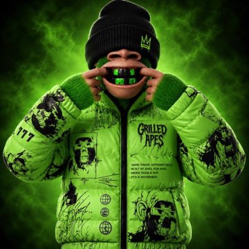 A promotional image of a person wearing a green 'GRILLED APES' puffer jacket and a black beanie, holding a green patterned object over their mouth against a green smoke background.