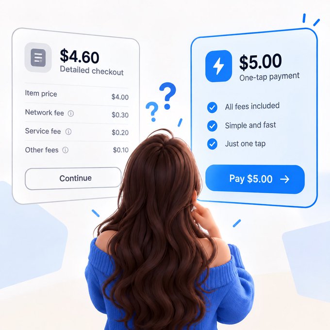 An illustration shows a woman from behind choosing between two payment options: a detailed checkout of $4.60 with itemized fees, and a one-tap payment of $5.00 with all fees included.
