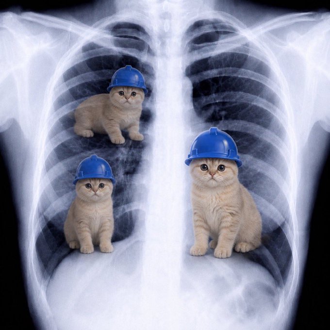 A chest X-ray shows three kittens wearing blue hard hats positioned as if inspecting the lungs, humorously referencing the post's claim that "$BASECAT" is poised to overtake "$BRETT" in market cap by depicting the underdog cat project as a thriving "construction crew" ready to build further momentum.