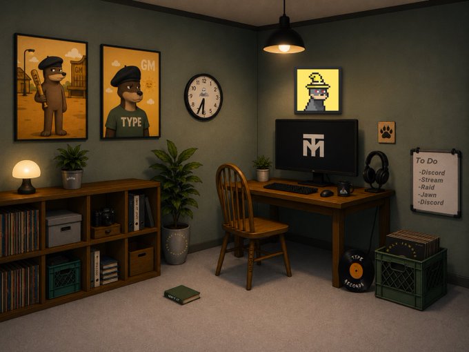 A cozy, warmly-lit office workspace features a wooden desk with a monitor displaying an "M" logo, a wall clock, framed cartoon posters (including ones reading "GM" and "TYPE"), a "To Do" list on a clipboard, and crates of vinyl records, evoking a personal creative hub that complements the reflective message about perseverance on the web3 journey. The intimate, lived-in setting mirrors the post's themes of patience and late-night dedication to building toward future success.