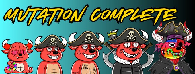 A cartoon illustration titled 'MUTATION COMPLETE' showing five red dog characters evolving progressively from a basic figure into a pirate-like character with elaborate accessories.
