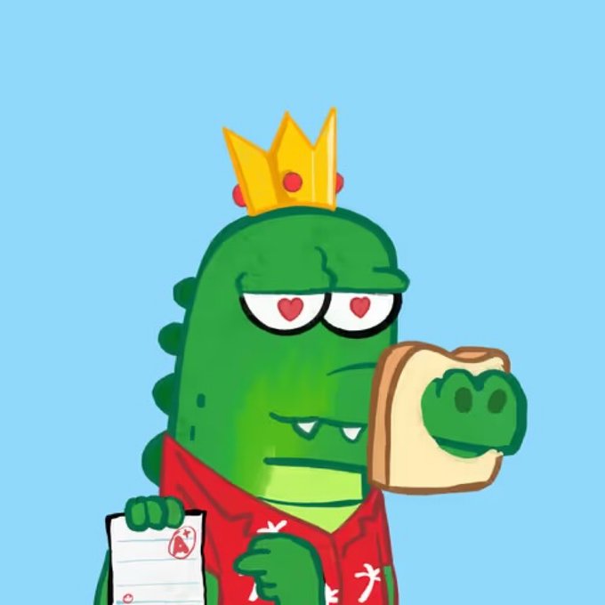 A cartoon crocodile wearing a red Hawaiian shirt and yellow crown gazes lovingly with heart-shaped eyes at a piece of toast featuring a frog's face imprinted on it.