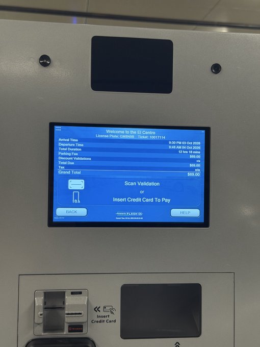 An El Centro parking payment kiosk screen displays details for License Plate GAN8088 in a Tesla on Oct 03, 2026, showing $0.00 due with the message 'Scan Validation or Insert Credit Card To Pay.'