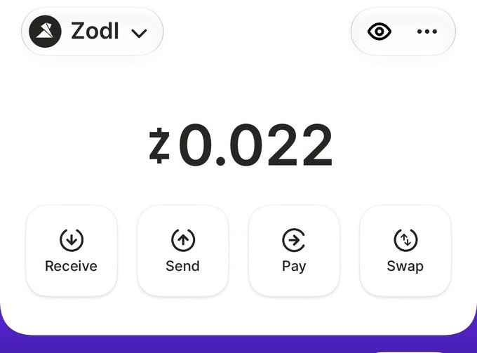 A Zodl wallet dashboard displays a balance of zł0.022 alongside Receive, Send, Pay, and Swap options. The minimal balance relates to the post, as the user has just funded their wallet with fees for the @BITFOOTS_ mint and is awaiting confirmation.