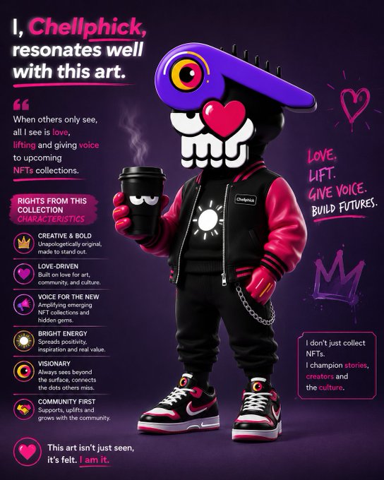 Digital artwork featuring a stylized character in a black and pink jacket holding a coffee cup, with text promoting 'Chellphick' NFT collection and listing characteristics like 'CREATIVE & BOLD' and 'LOVE-DRIVEN'.