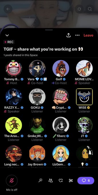 A screenshot of a Twitter Space called 'share what you're working on 👀' showing multiple speaker and listener avatars including Tommy B, Vara, Golf, and others.