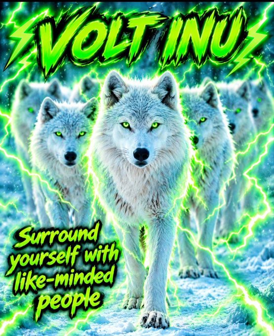 VOLT INU meme graphic showing multiple wolves with glowing green eyes, captioned 'Surround yourself with like-minded people'.