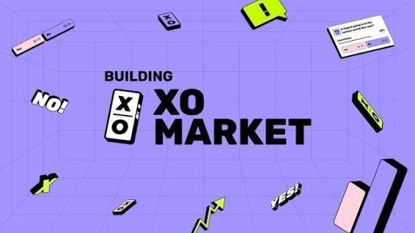 A purple graphic features the text 'BUILDING XO MARKET' surrounded by isometric 3D illustrations of various digital interface elements like chat bubbles, banners, and trending arrows in green, yellow, and black.