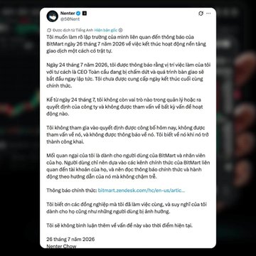 A Twitter post by Nesser (@Nesser_0x) dated July 26, 2026, discussing developments related to BitMart exchange, noting that BitMart's CEO is alleged to have left his position approximately 2 days before the exchange announced its closure plan.