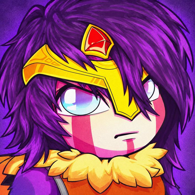 An anime-style digital artwork features a character with messy purple hair, a yellow headpiece with a red gem, and a yellow fur collar, set against a purple background.