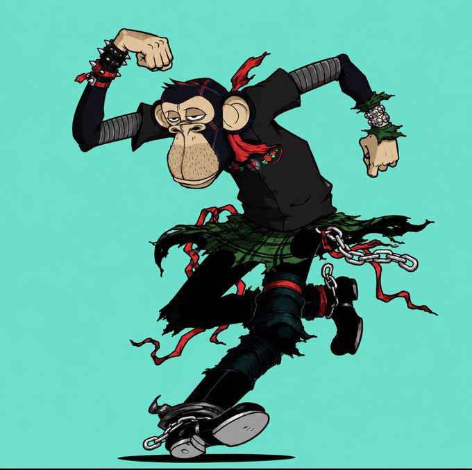 Stylized cartoon illustration of a punk monkey character wearing a spiked wristband, green kilt, and Doc Martens, striking a dancing pose against a teal background.