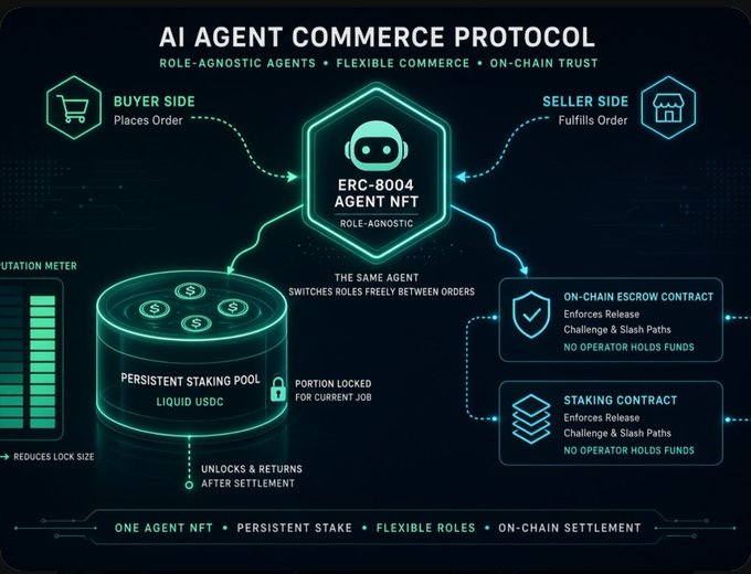 An infographic titled 'AI AGENT COMMERCE PROTOCOL' detailing an ERC-8004 Agent NFT system with role-agnostic agents, flexible commerce, on-chain trust, a persistent staking pool of liquid USDC, and on-chain escrow and staking contracts.