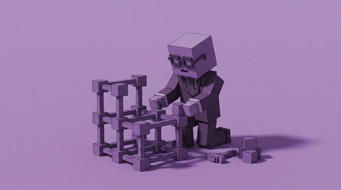 A monochromatic purple voxel-style figure wearing glasses is depicted carefully constructing or arranging a grid-like structure of purple cubes, with a few loose blocks scattered on the ground nearby, visually representing the post's message of ongoing development and the "still early" phase of the @inkonchain project.