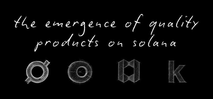 Handwritten-style text reading 'the emergence of quality products on solana' above stylized geometric logos spelling 'Q O H K'.