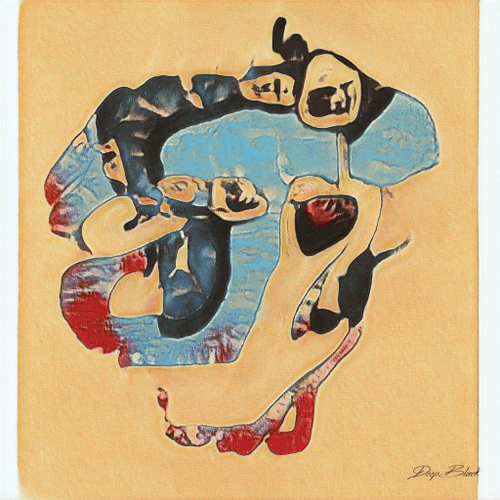 An abstract painting featuring swirling shapes in tan, blue, black, and red tones, with a signature reading "Dope Black" in the bottom right corner.