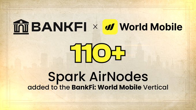 A promotional graphic announcing '110+ Spark AirNodes added to the BankFi: World Mobile Vertical' with the BANKFI and World Mobile logos.