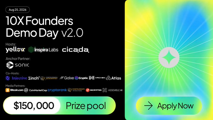 The image is a promotional graphic for "10X Founders Demo Day v2.0" dated Aug 25, 2026, featuring a $150,000 prize pool, with hosts YellOw, Inspira Labs, and Cicada, Sonic as the anchor partner, and various co-hosts and media partners including Bitcointalk.org, CoinMarketCap, and Cryptorank. A vibrant neon gradient background with a green star icon highlights an "Apply Now" button. This relates to the accompanying post as W3BC Media is applying to pitch their project at the intersection of media, Web3, and RWA/tokenization at the Sonic-hosted event.