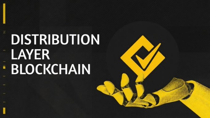 A dark promotional graphic with yellow and black colors, displaying the text 'DISTRIBUTION LAYER BLOCKCHAIN' alongside a robotic hand holding a checkmark logo.